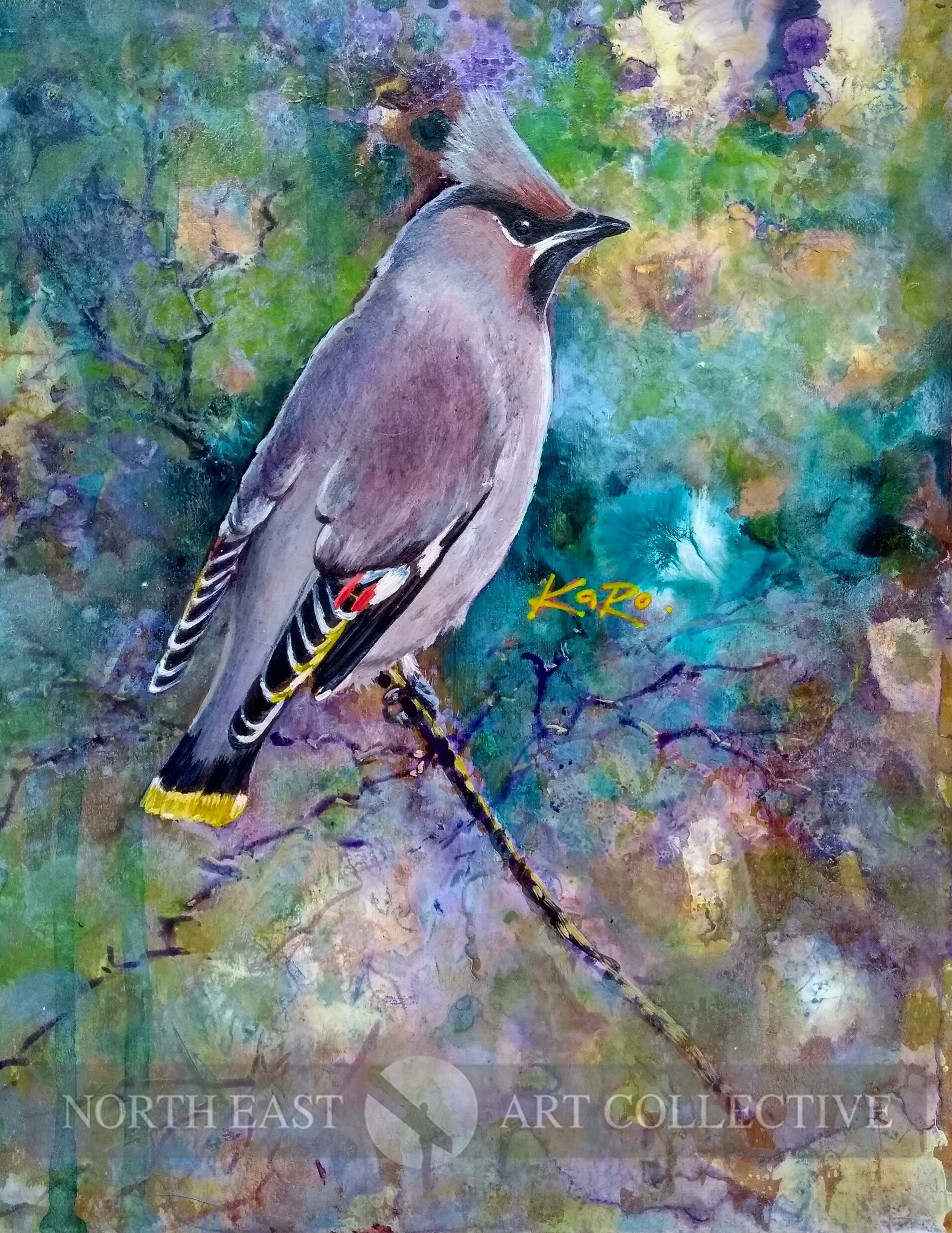 Waxwing Framed Original Acrylic on Card by Kath Rodger