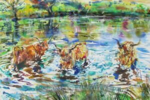 Highland Cows Cooling Off Original Acrylic on Canvas by Rasa Zilinskaite